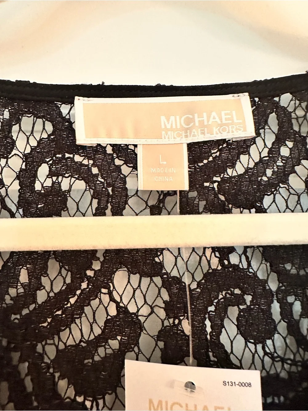 Michael Kors Black Lace-Trim Pleated Back V-Neck Blouse Size L NEW!
